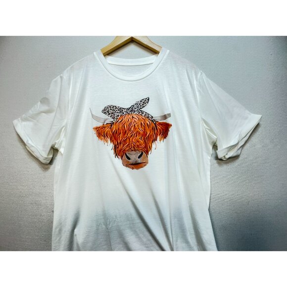 Highland Cow Graphic T-Shirt Womens 2XL White Casual Tee Crew Neck Short Sleeve - Picture 5 of 10